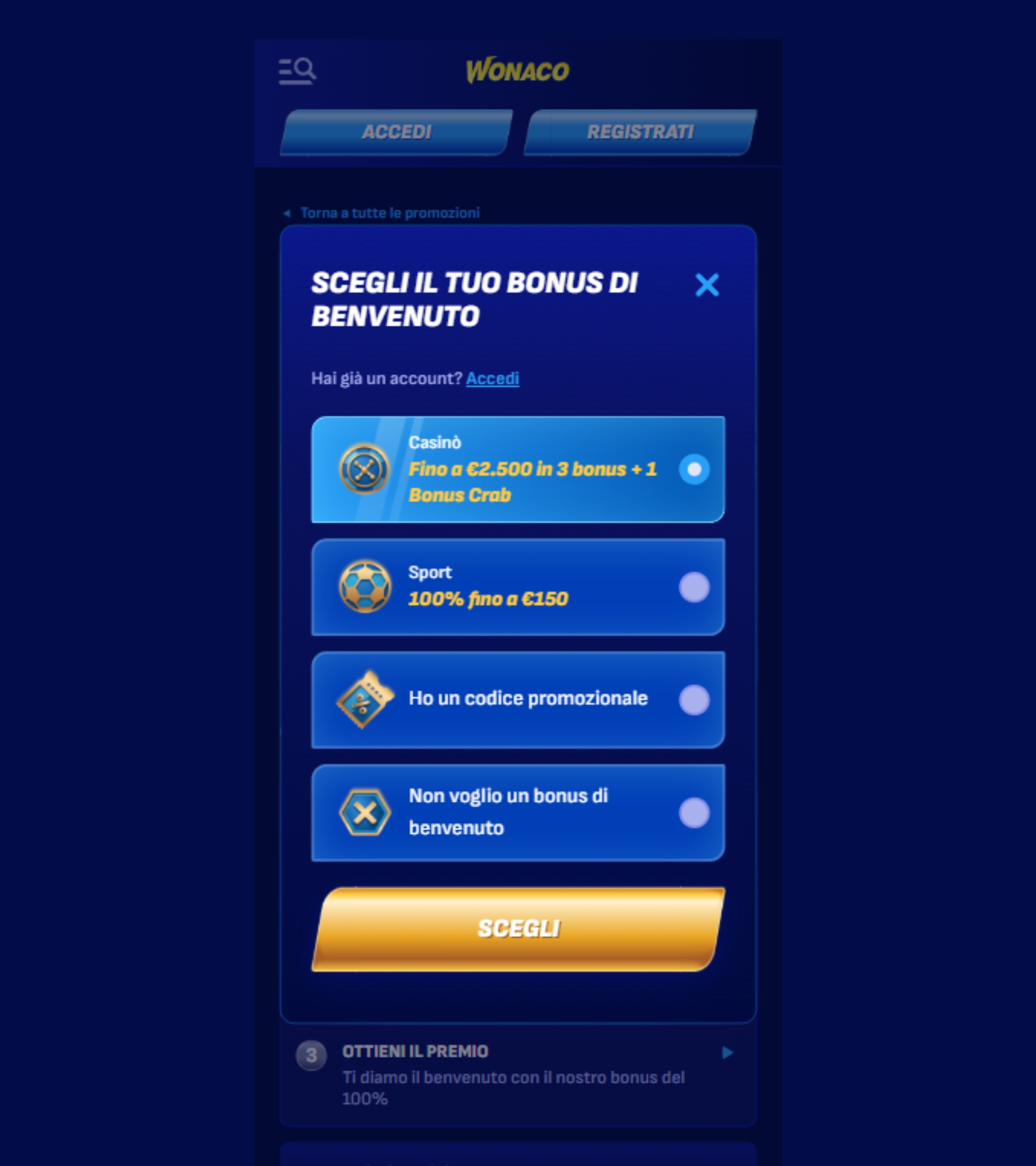 Scegli il bonus di benvenuto