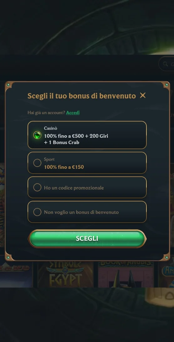 Scegli il bonus di benvenuto